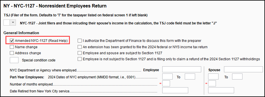 Image of "Amended Return" selected on NY screen 1127